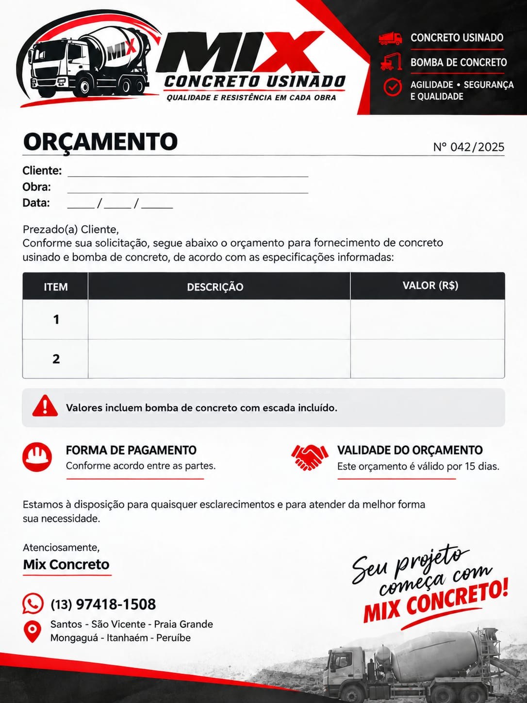 Modelo de orçamento da Mix Concreto, com itens, valores, forma de pagamento e validade